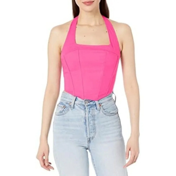 NIA Mia Hot Pink Linen Square Halter Corset Crop Top M - Picture 1 of 6